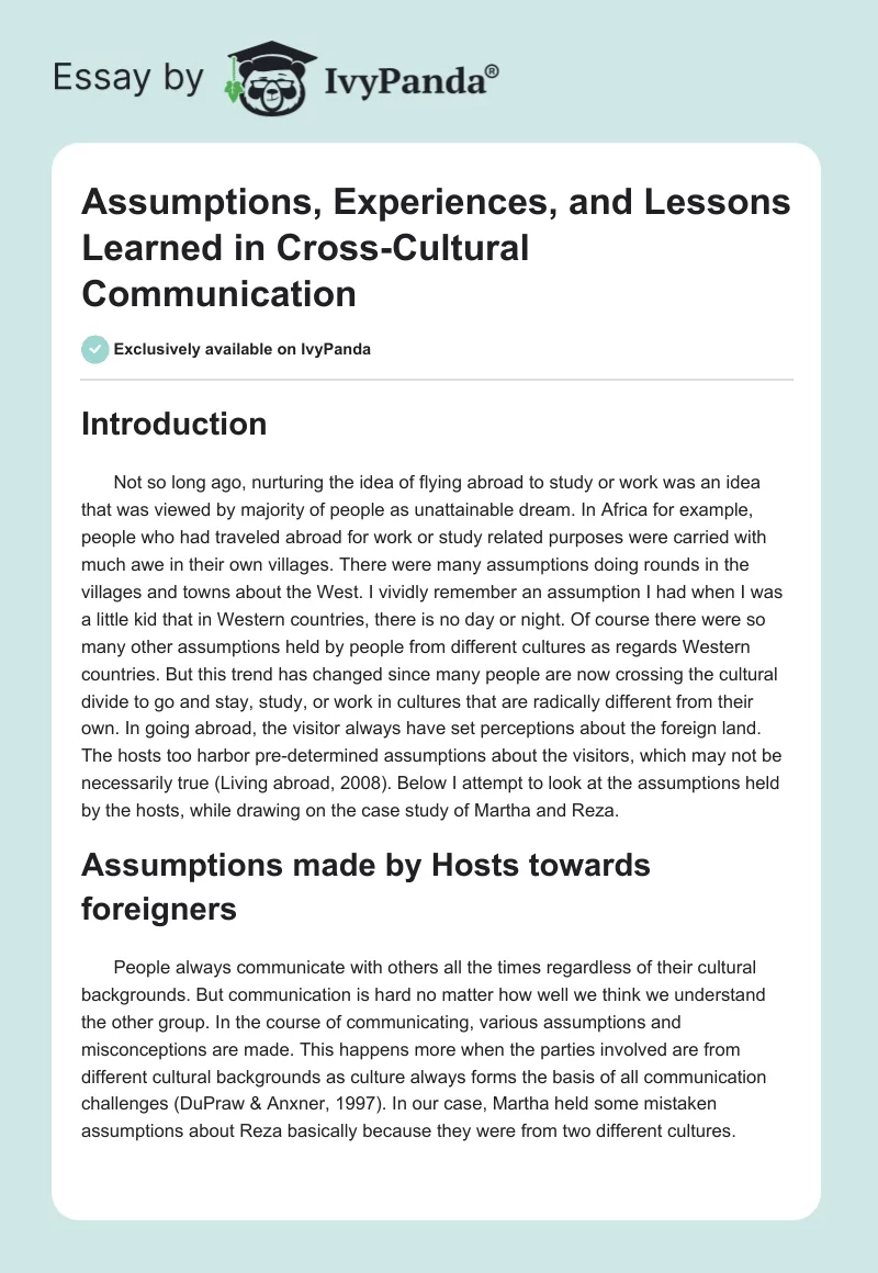 Assumptions, Experiences, and Lessons Learned in Cross-Cultural Communication. Page 1