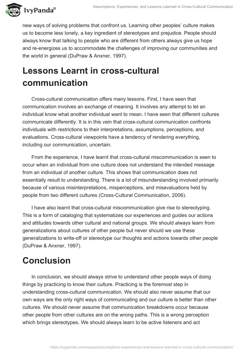 Assumptions, Experiences, and Lessons Learned in Cross-Cultural Communication. Page 5