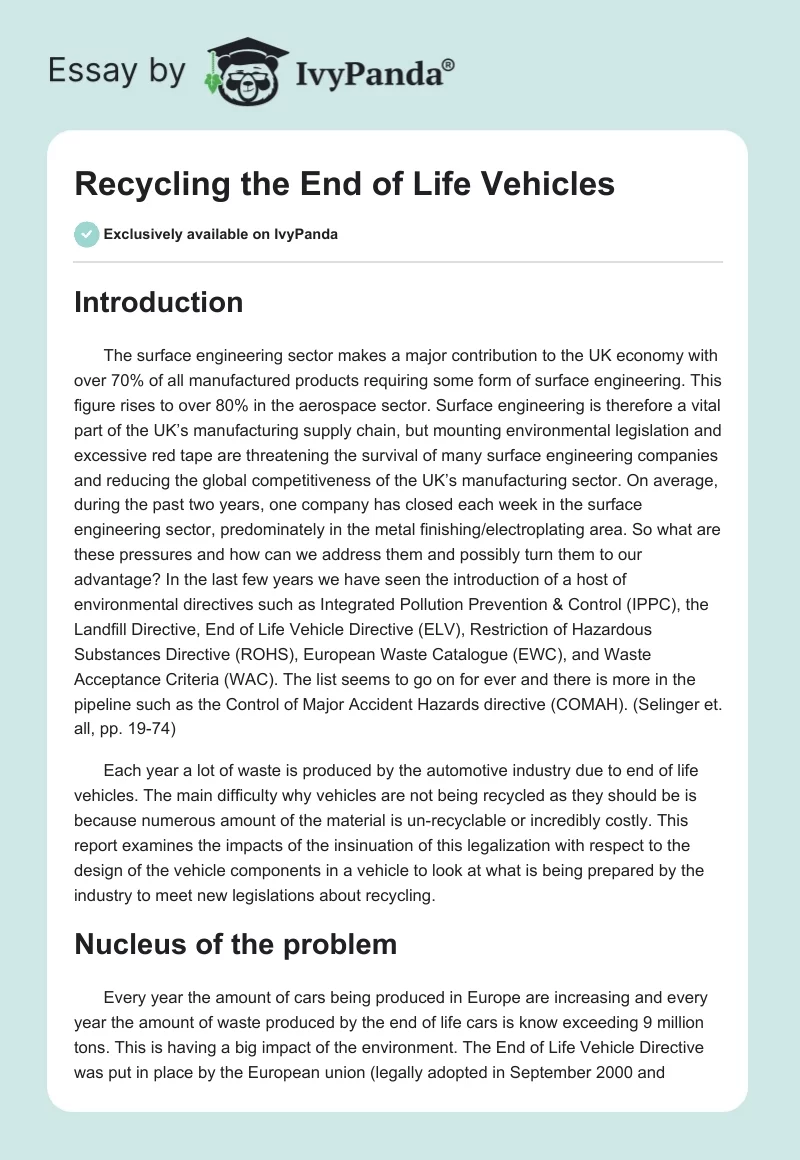 Recycling the End of Life Vehicles. Page 1