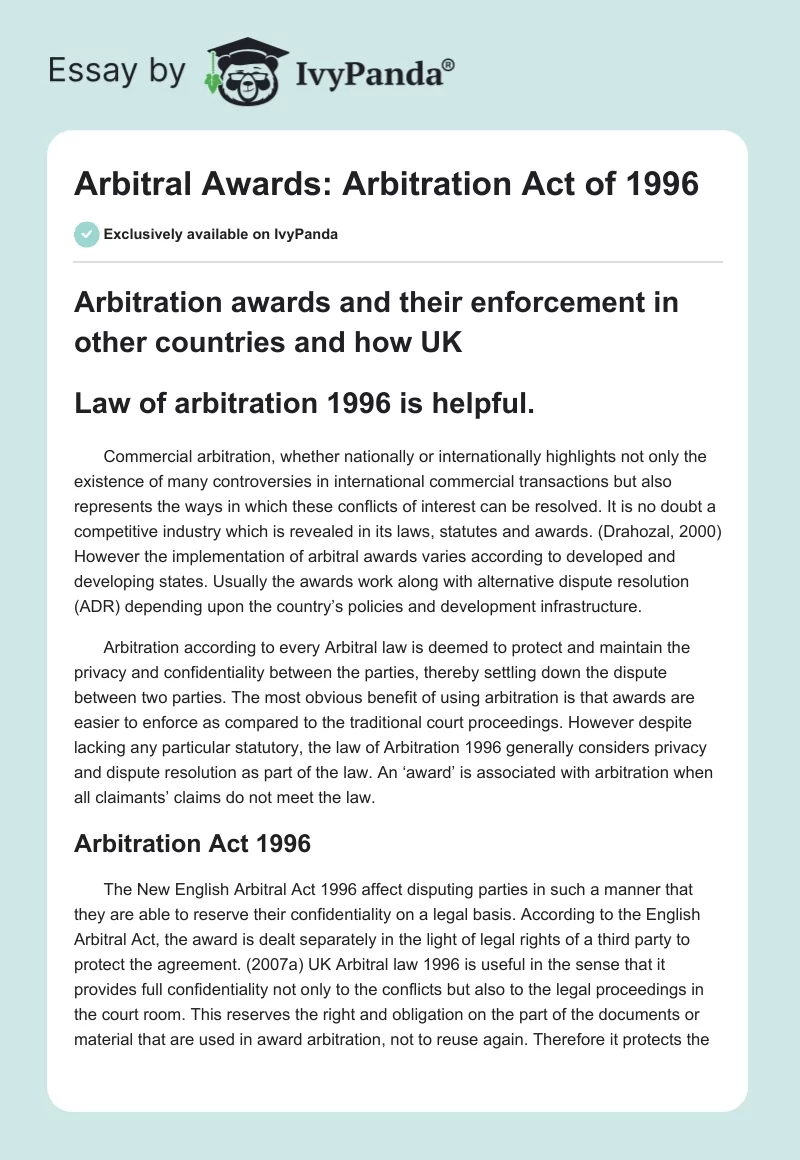 Arbitral Awards: Arbitration Act of 1996. Page 1