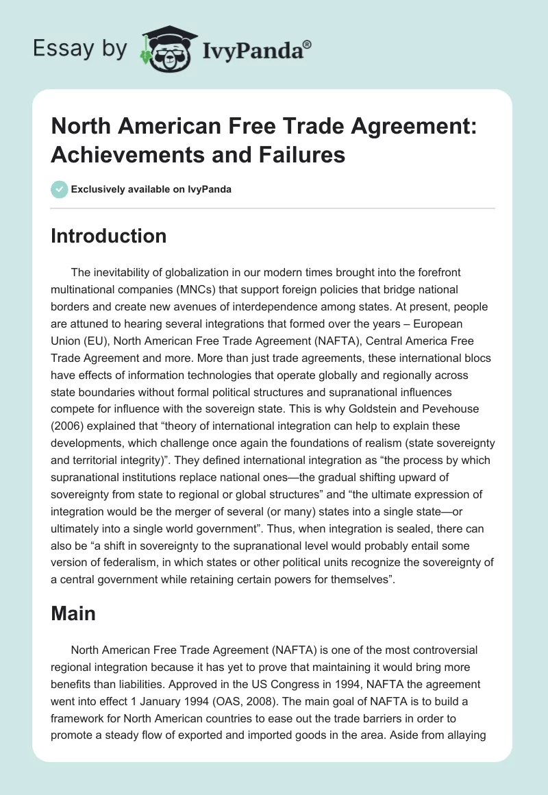 North American Free Trade Agreement: Achievements and Failures. Page 1