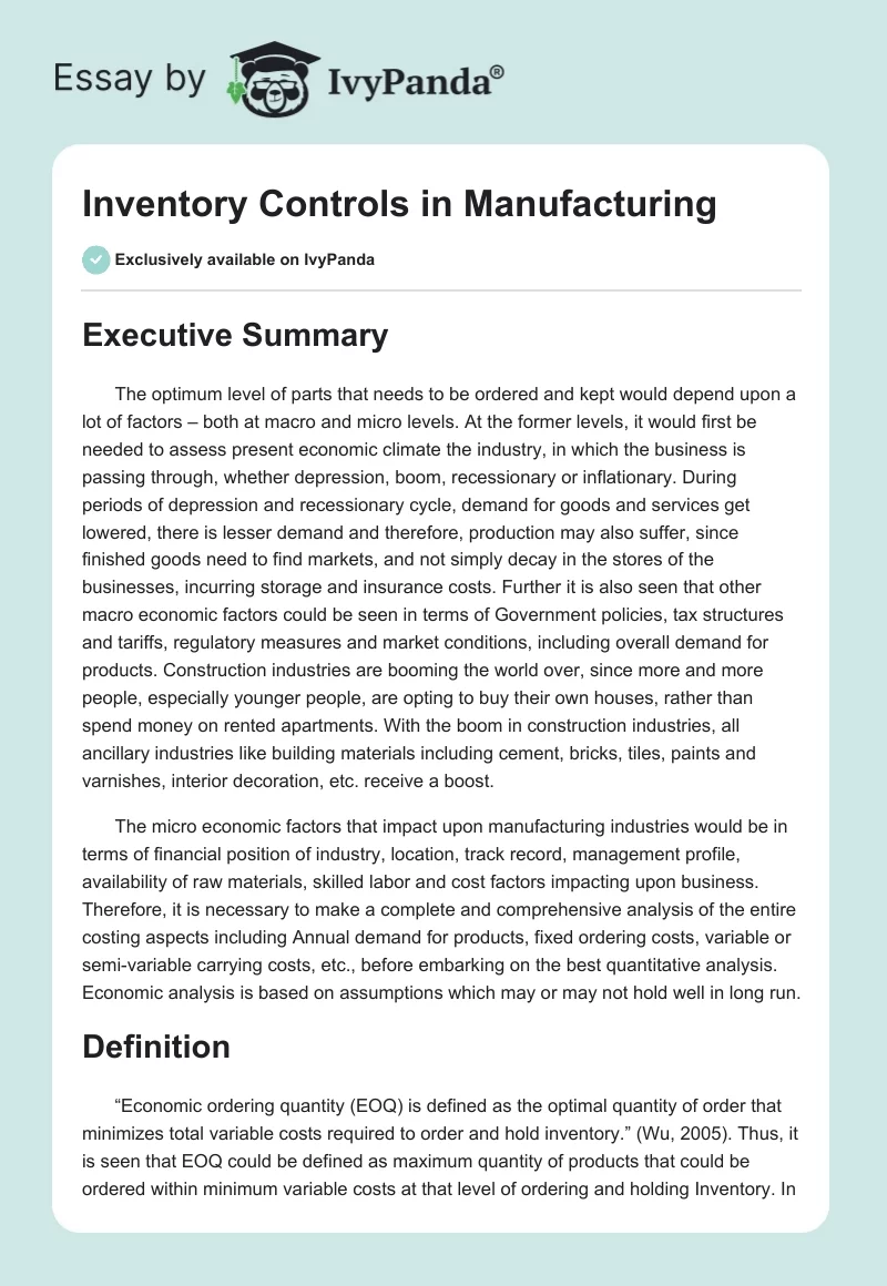 Inventory Controls in Manufacturing. Page 1
