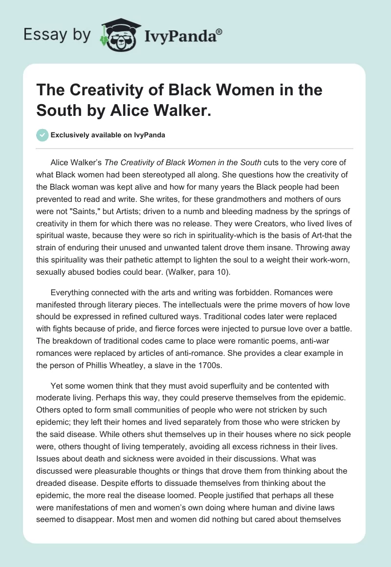 "The Creativity of Black Women in the South" by Alice Walker.. Page 1
