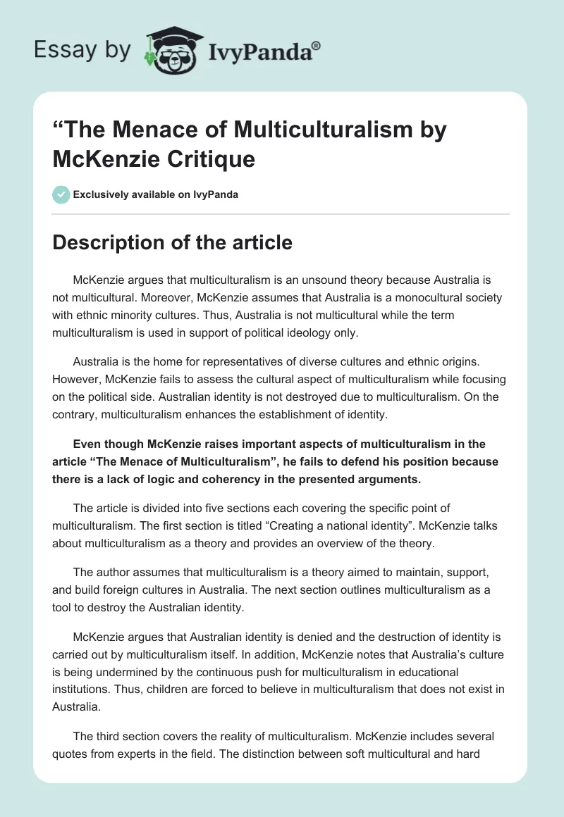 “The Menace of Multiculturalism" by McKenzie Critique. Page 1