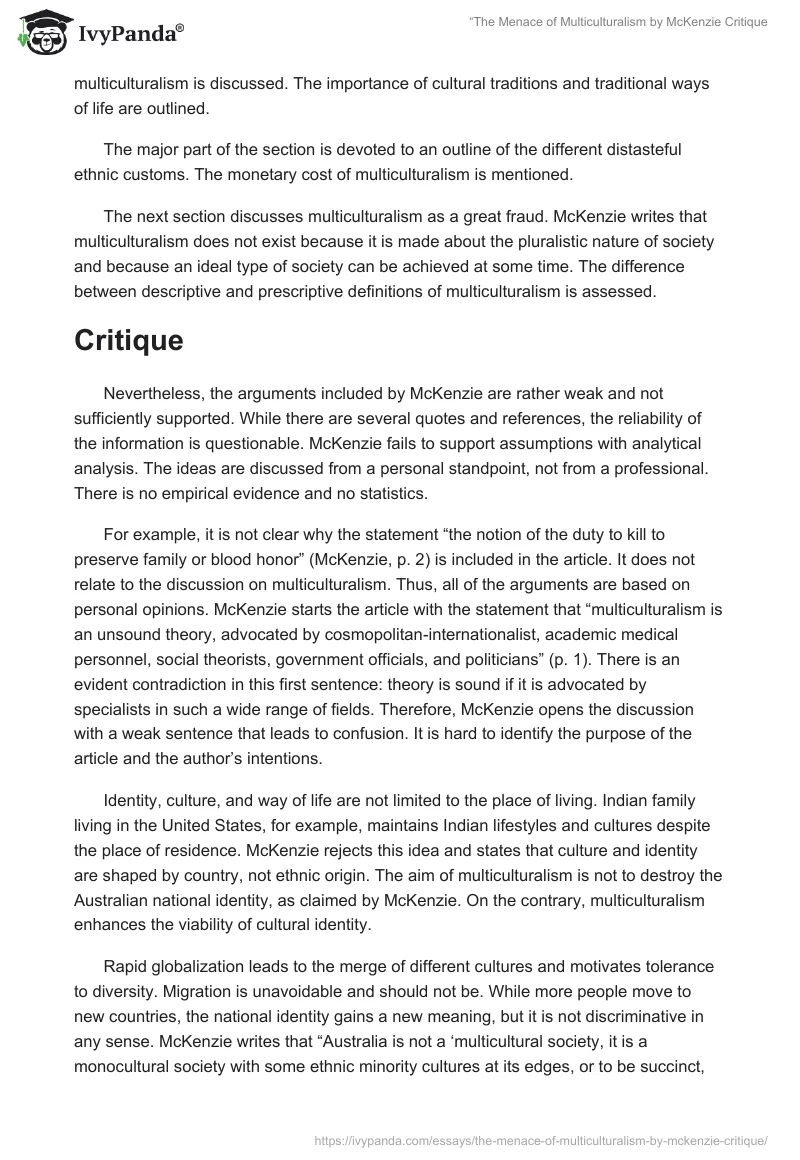 “The Menace of Multiculturalism" by McKenzie Critique. Page 2