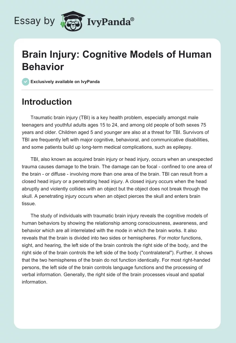 Brain Injury: Cognitive Models of Human Behavior. Page 1
