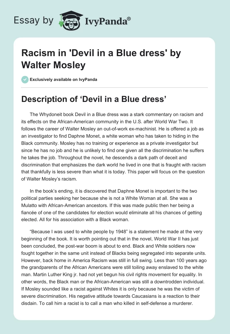 Racism in 'Devil in a Blue dress' by Walter Mosley. Page 1