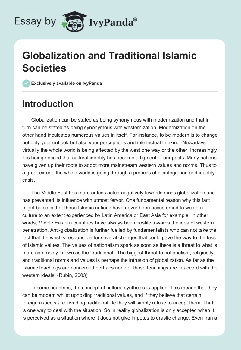 Globalization and Traditional Islamic Societies. Page 1