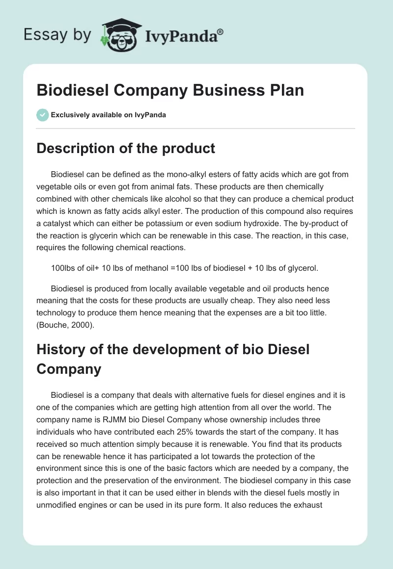 Biodiesel Company Business Plan. Page 1