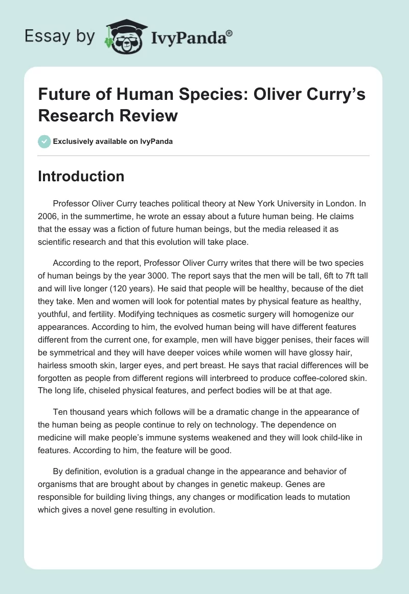 Future of Human Species: Oliver Curry’s Research Review. Page 1