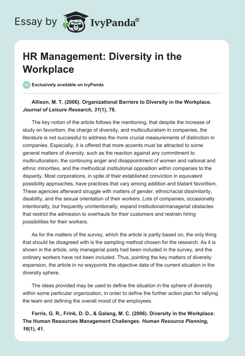 HR Management: Diversity in the Workplace. Page 1