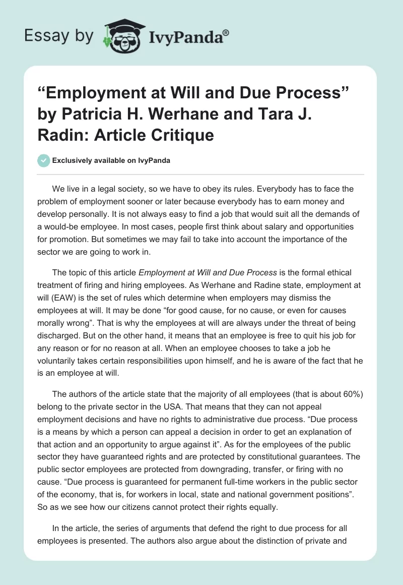 “Employment at Will and Due Process” by Patricia H. Werhane and Tara J. Radin: Article Critique. Page 1