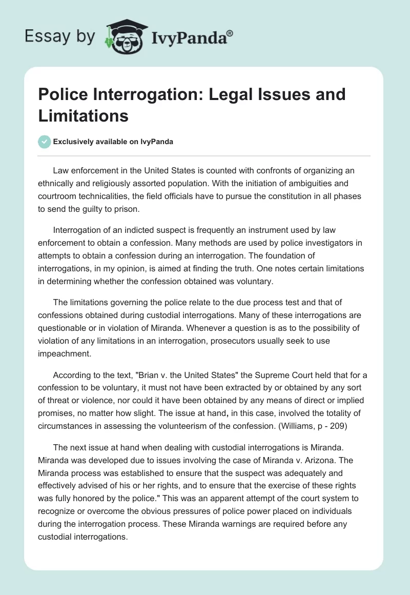 Police Interrogation: Legal Issues and Limitations. Page 1