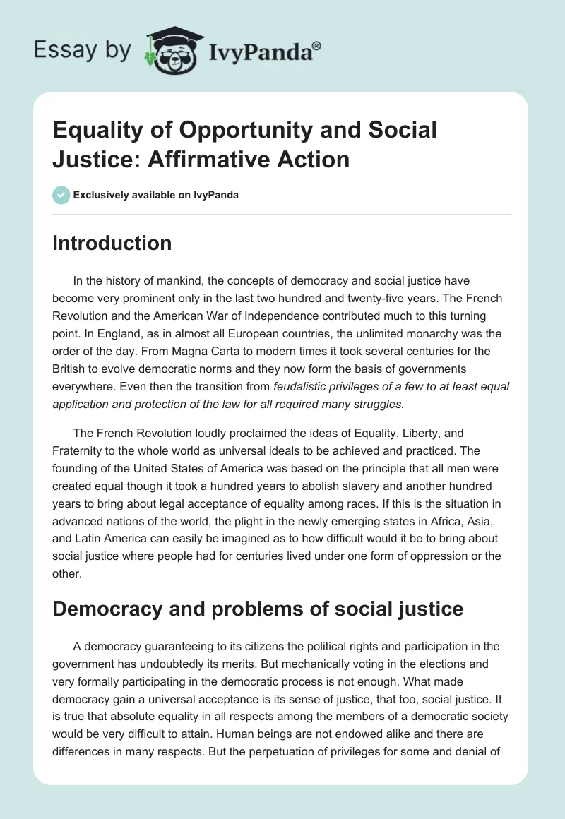 Equality of Opportunity and Social Justice: Affirmative Action. Page 1