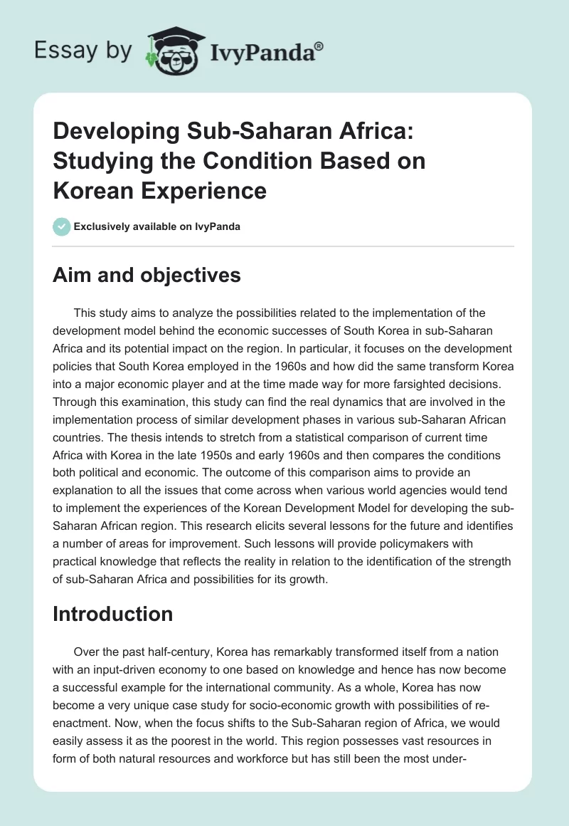 Developing Sub-Saharan Africa: Studying the Condition Based on Korean Experience. Page 1