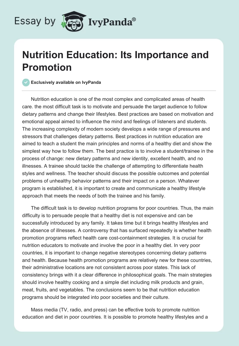 Nutrition Education: Its Importance and Promotion. Page 1