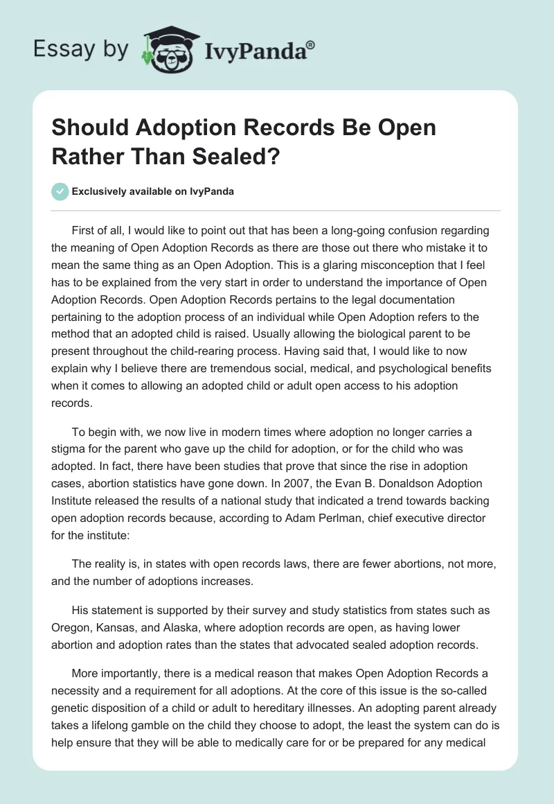 Should Adoption Records Be Open Rather Than Sealed?. Page 1