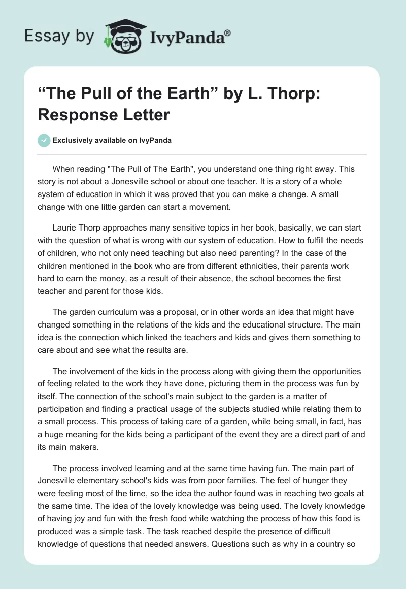 “The Pull of the Earth” by L. Thorp: Response Letter. Page 1