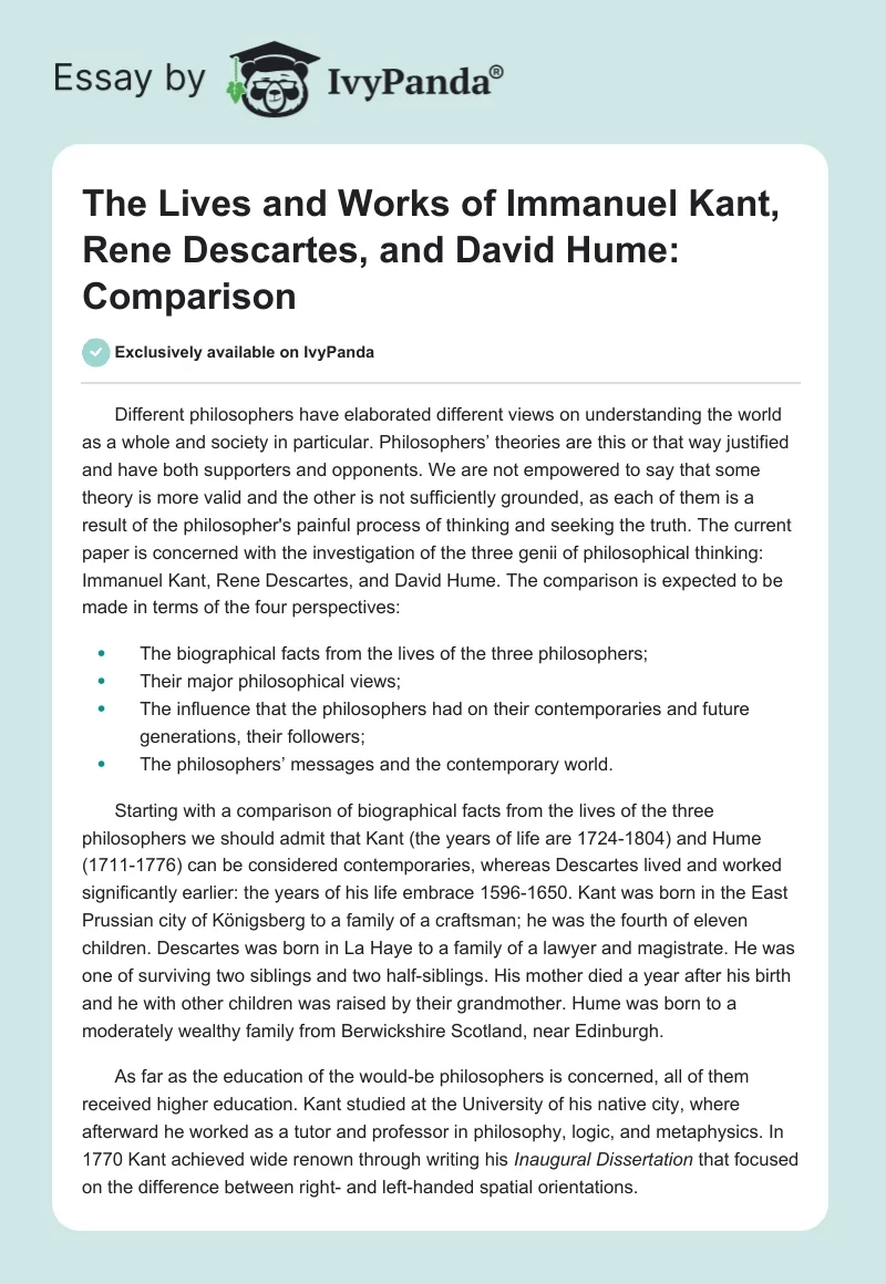 The Lives and Works of Immanuel Kant, Rene Descartes, and David Hume: Comparison. Page 1