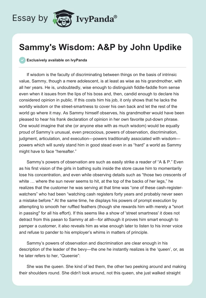 Sammy's Wisdom: "A&P" by John Updike. Page 1