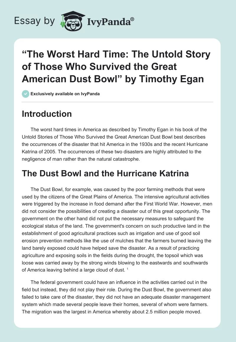 “The Worst Hard Time: The Untold Story of Those Who Survived the Great American Dust Bowl” by Timothy Egan. Page 1