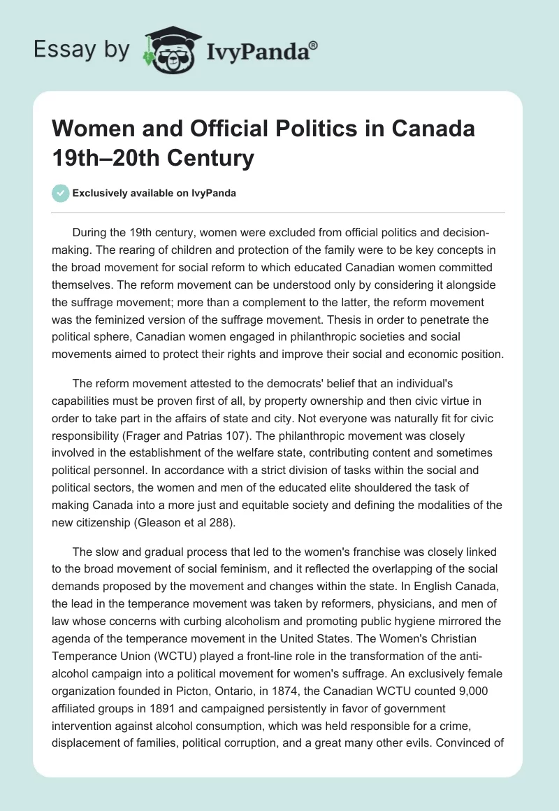 Women and Official Politics in Canada 19th–20th Century. Page 1