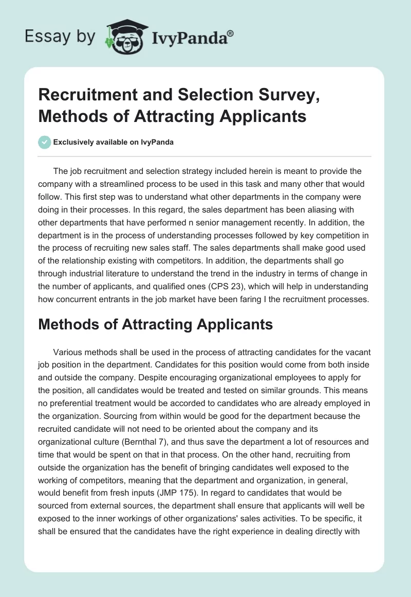 Recruitment and Selection Survey, Methods of Attracting Applicants. Page 1