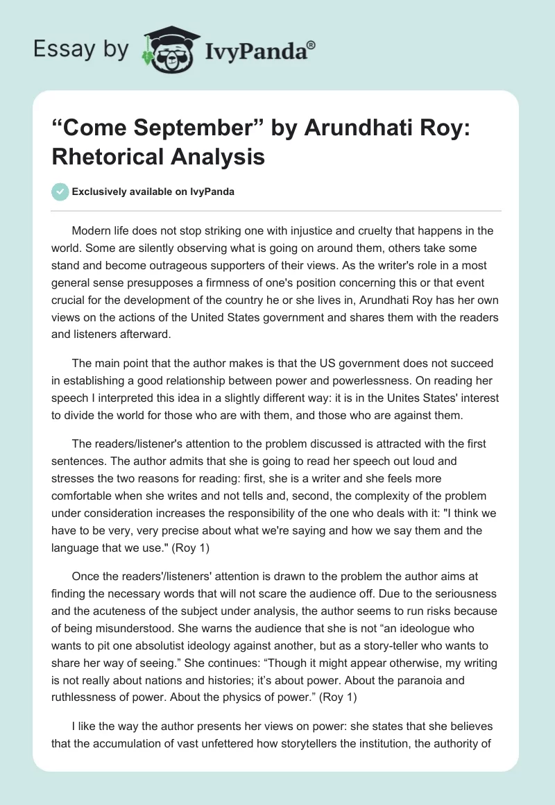 “Come September” by Arundhati Roy: Rhetorical Analysis. Page 1