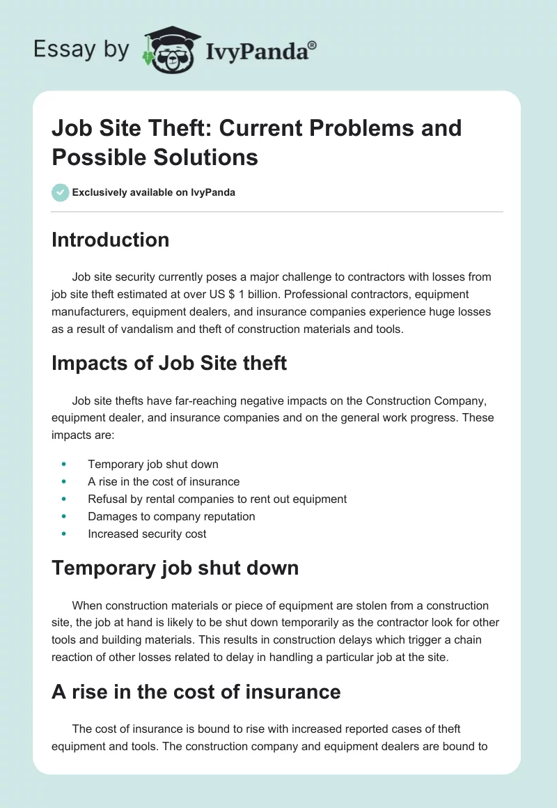 Job Site Theft: Current Problems and Possible Solutions. Page 1