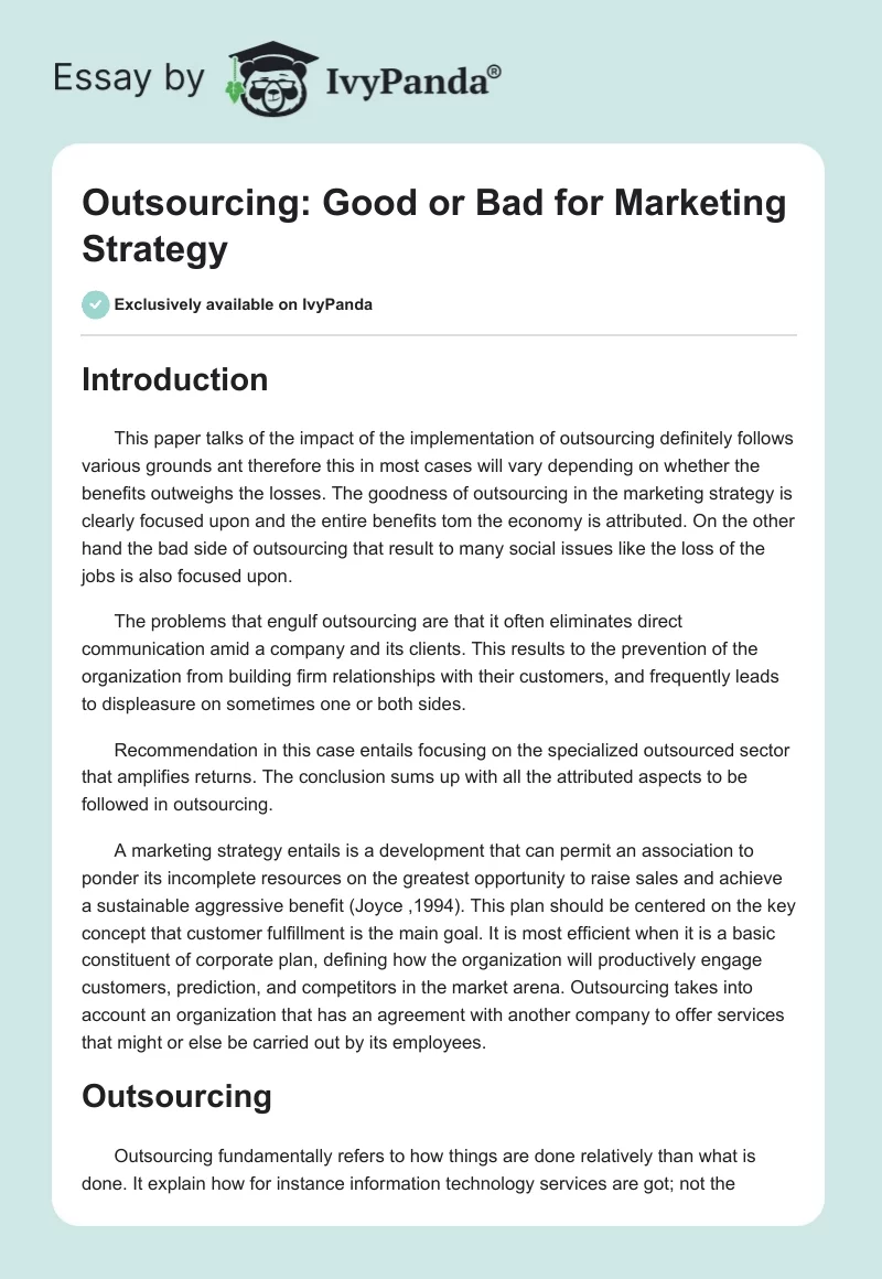 Outsourcing: Good or Bad for Marketing Strategy. Page 1