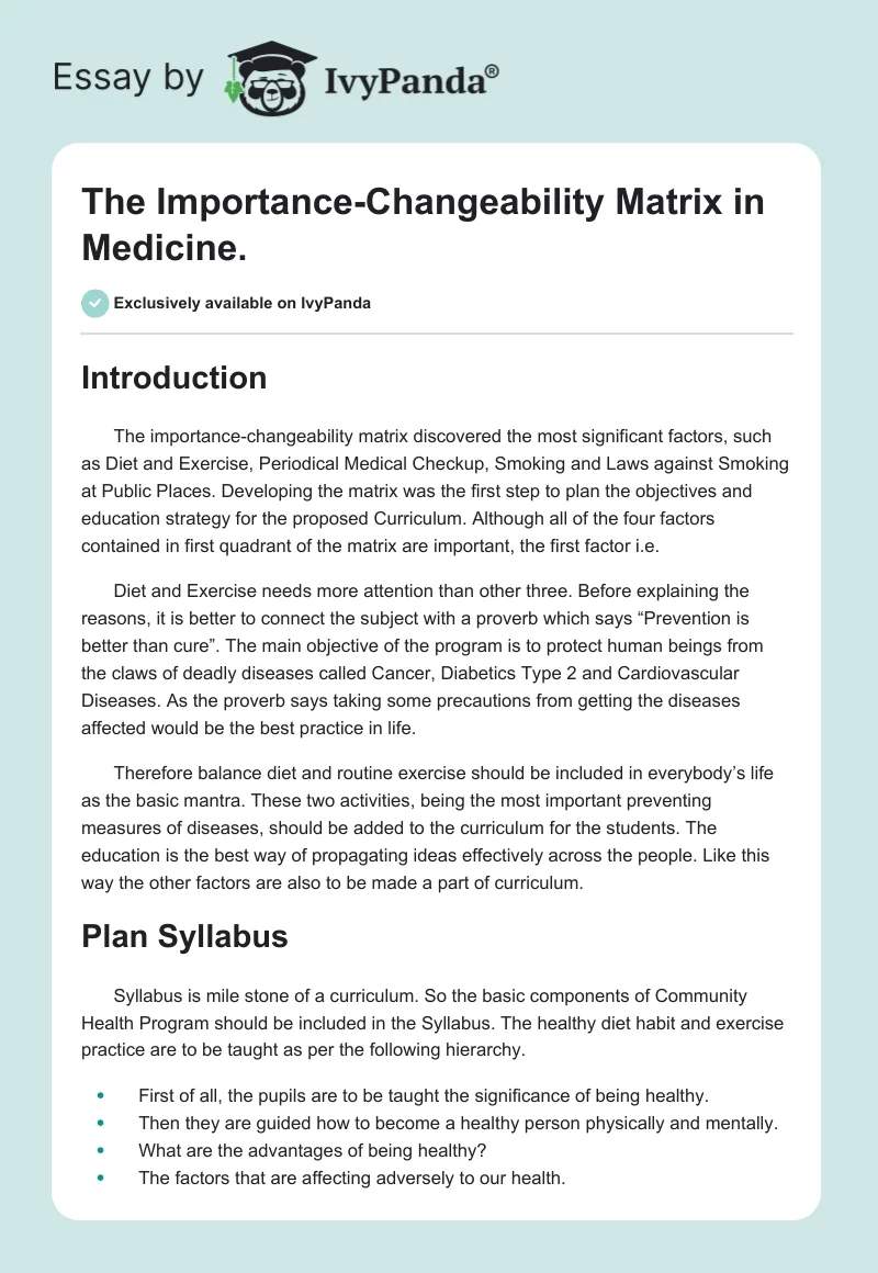 The Importance-Changeability Matrix in Medicine.. Page 1