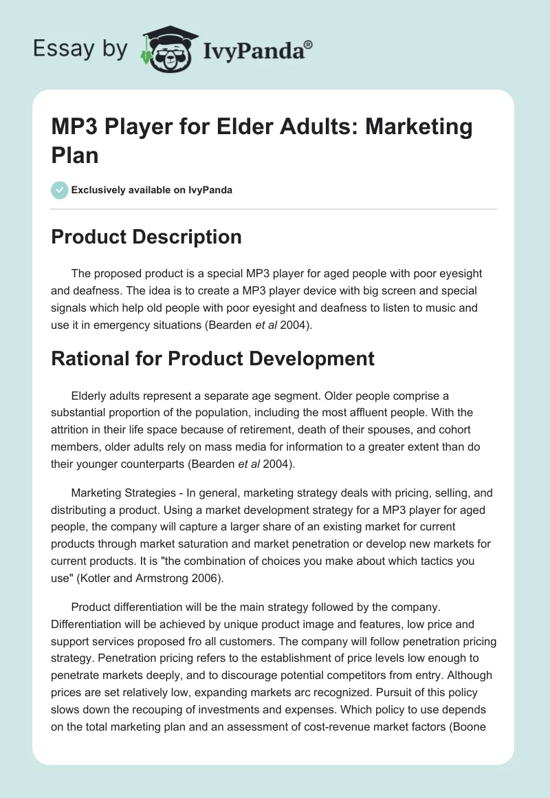 MP3 Player for Elder Adults: Marketing Plan. Page 1