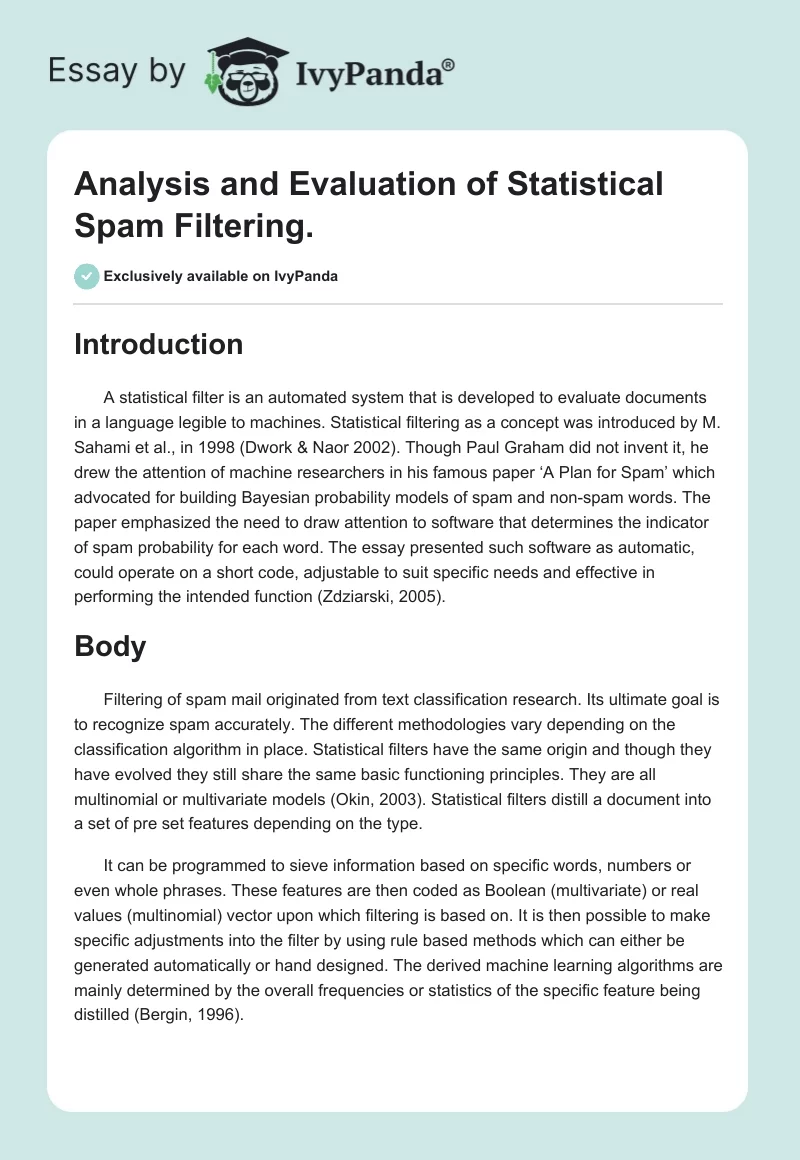 Analysis and Evaluation of Statistical Spam Filtering.. Page 1