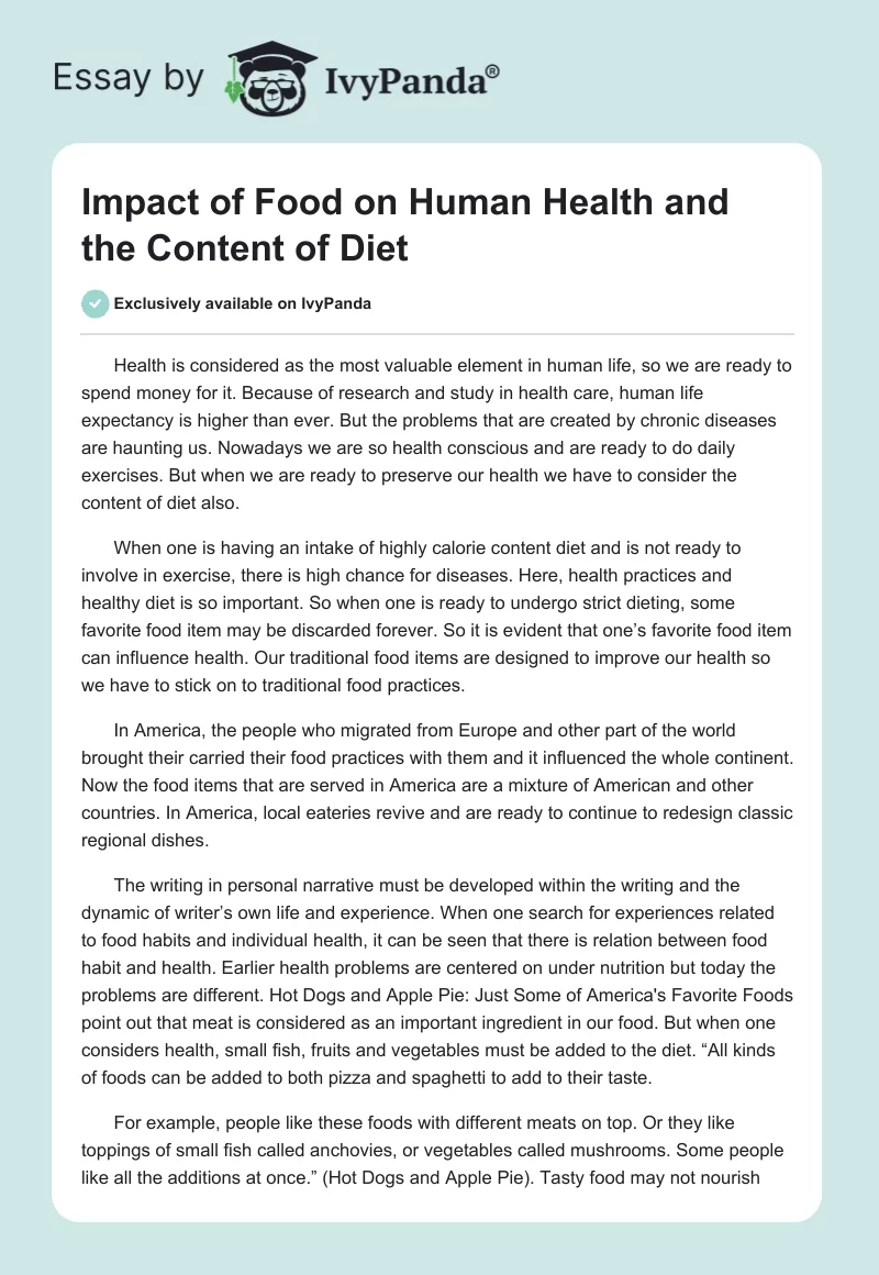Impact of Food on Human Health and the Content of Diet. Page 1