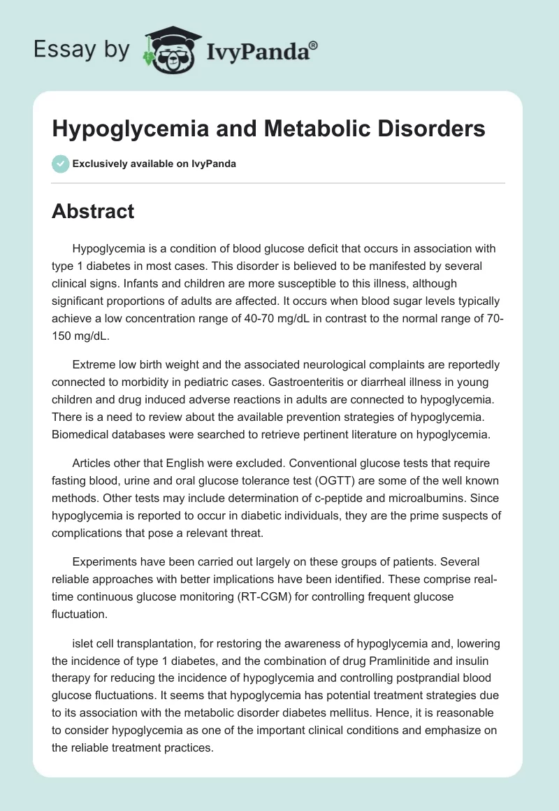 Hypoglycemia and Metabolic Disorders. Page 1