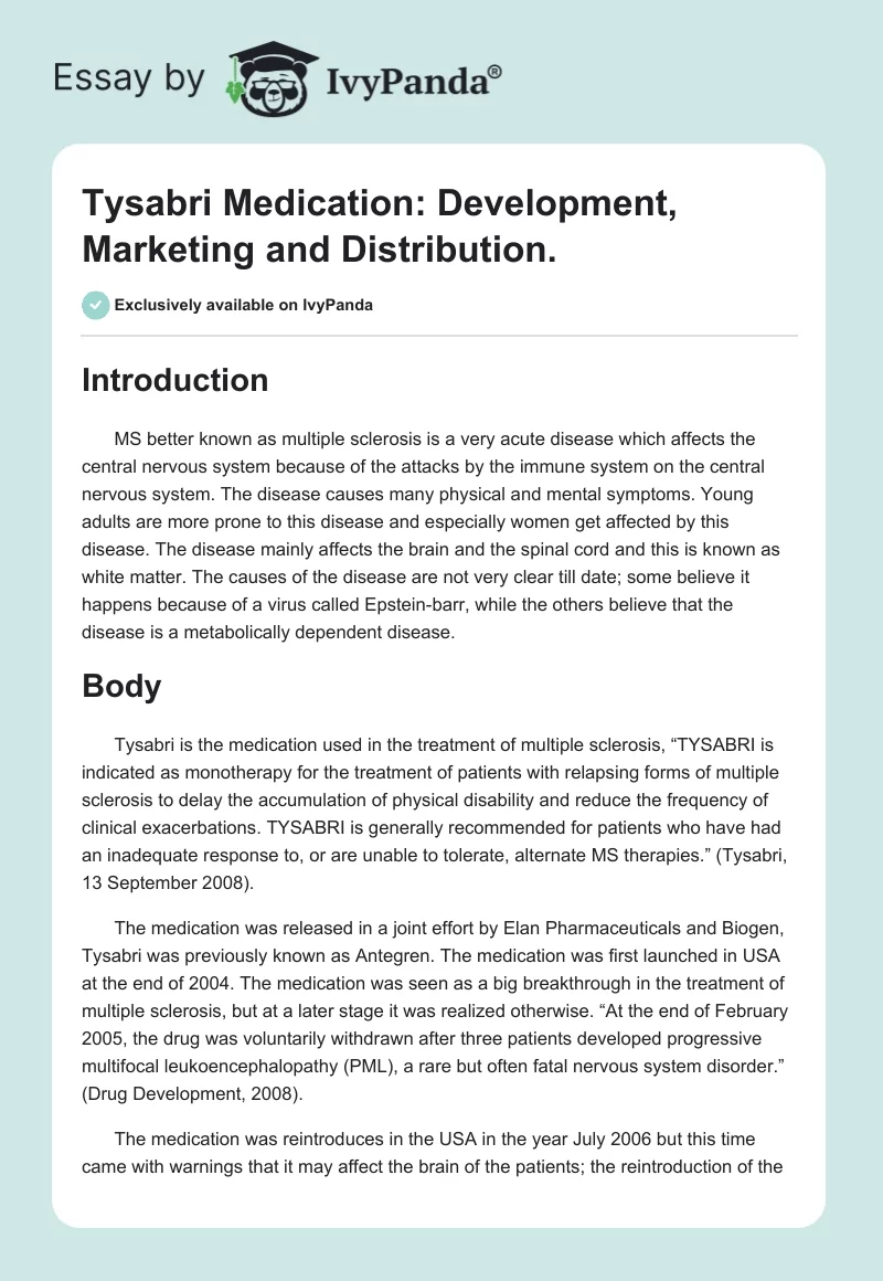 Tysabri Medication: Development, Marketing and Distribution.. Page 1