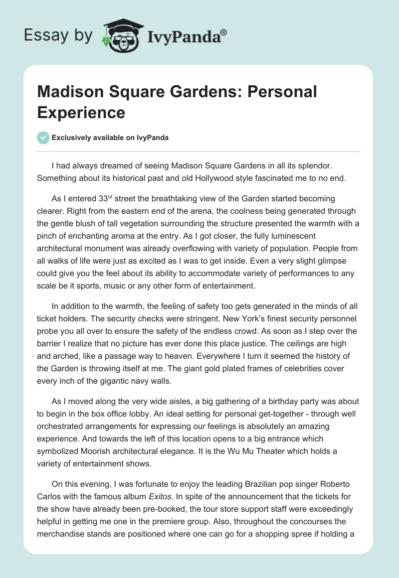 Madison Square Gardens: Personal Experience. Page 1