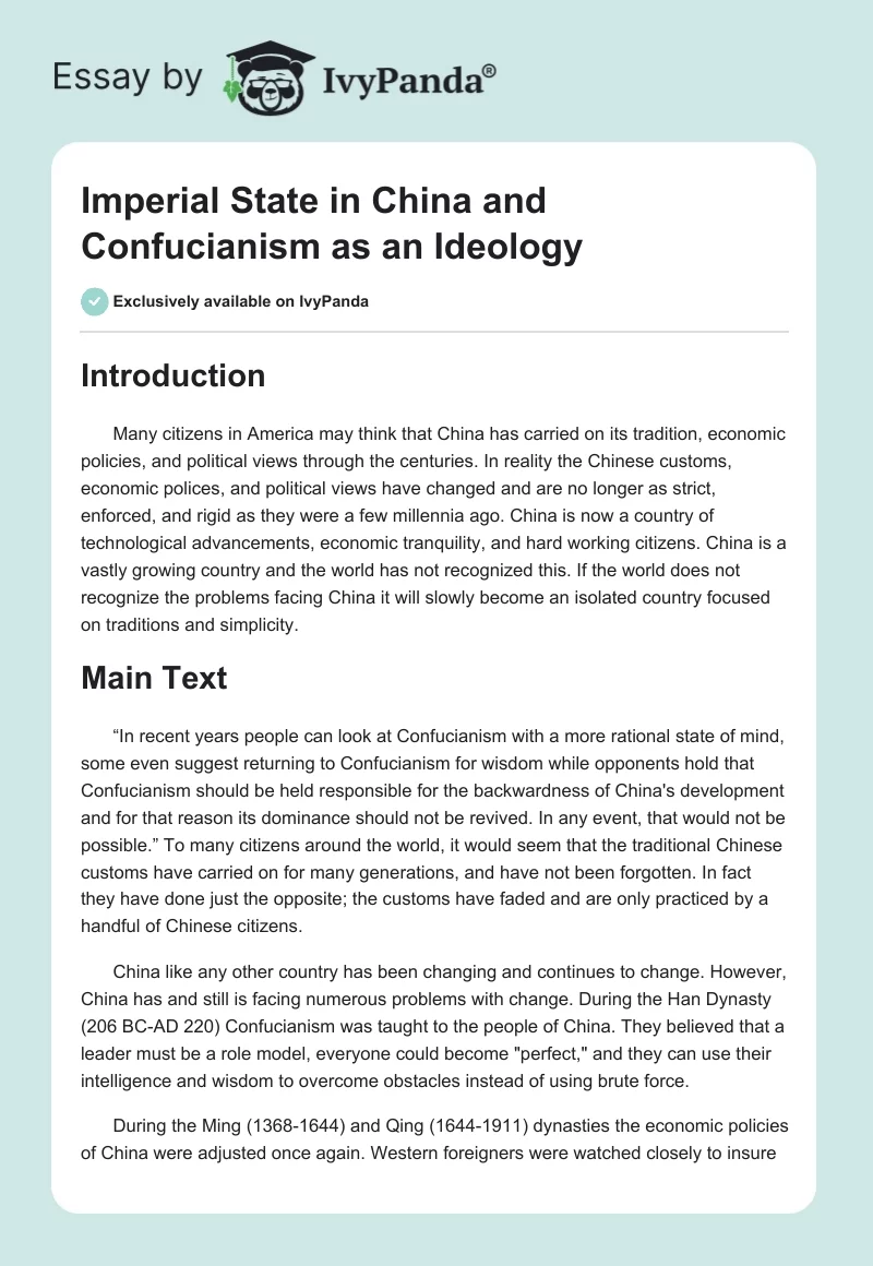 Imperial State in China and Confucianism as an Ideology. Page 1