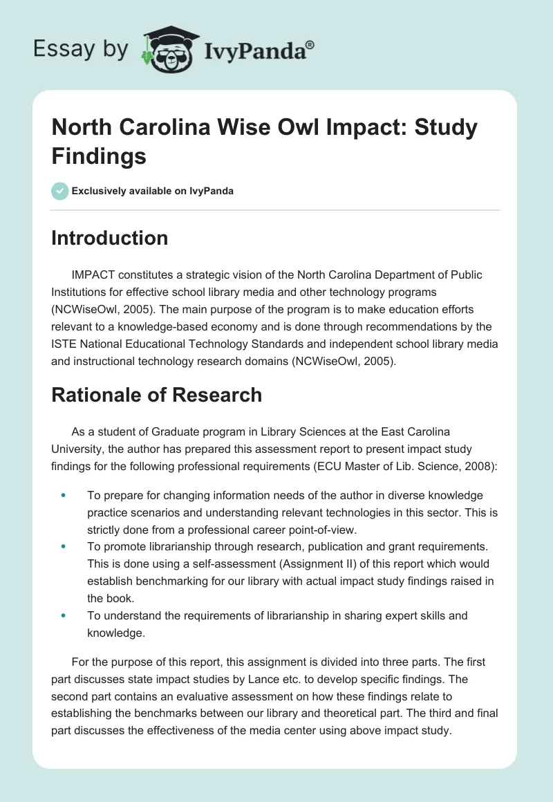 North Carolina Wise Owl Impact: Study Findings. Page 1