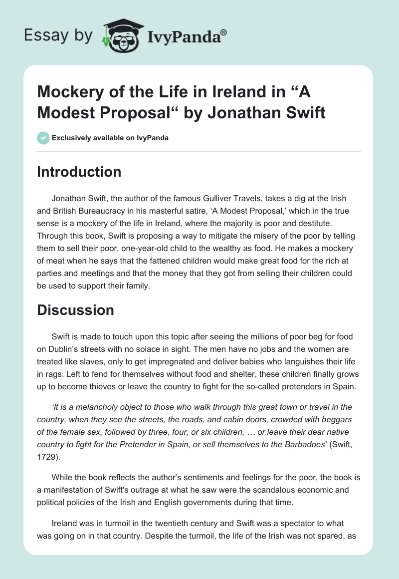 Mockery of the Life in Ireland in “A Modest Proposal“ by Jonathan Swift. Page 1