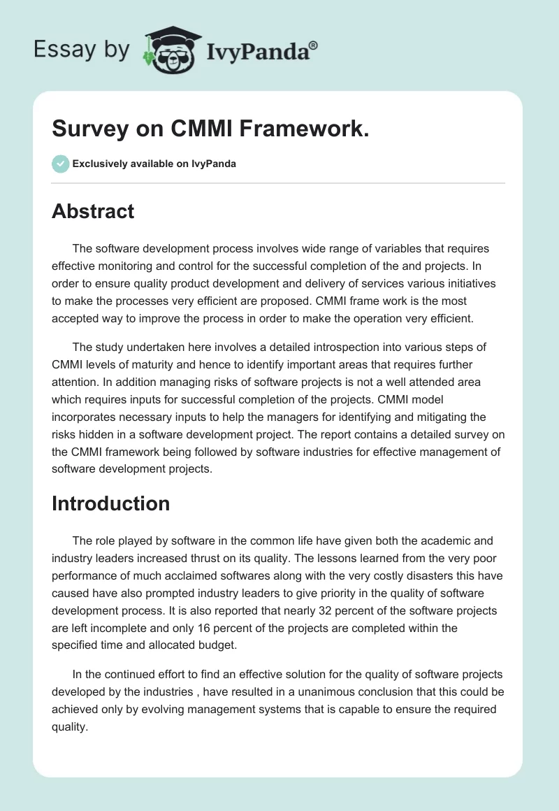 Survey on CMMI Framework.. Page 1