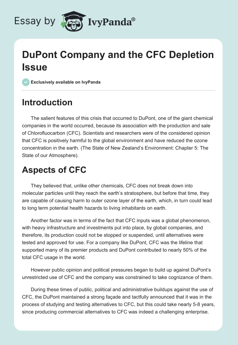 DuPont Company and the CFC Depletion Issue. Page 1