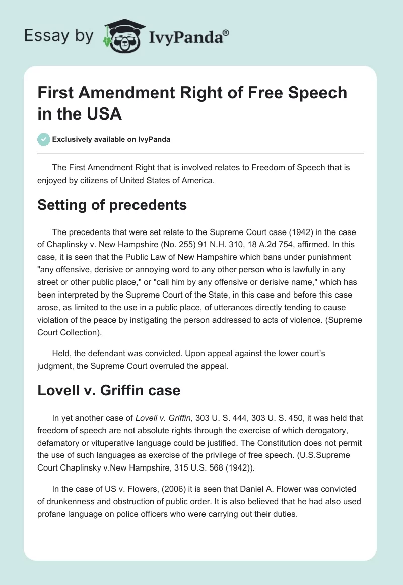 First Amendment Right of Free Speech in the USA. Page 1
