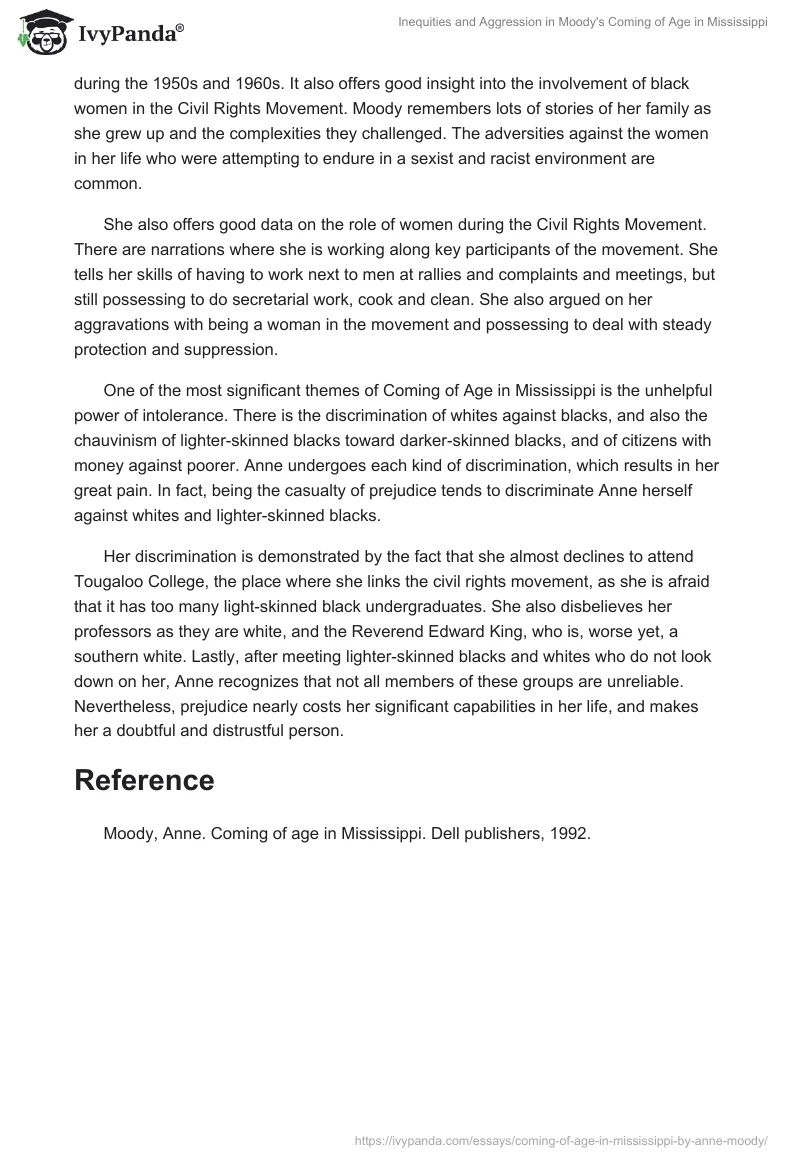 Inequities and Aggression in Moody's "Coming of Age in Mississippi". Page 2