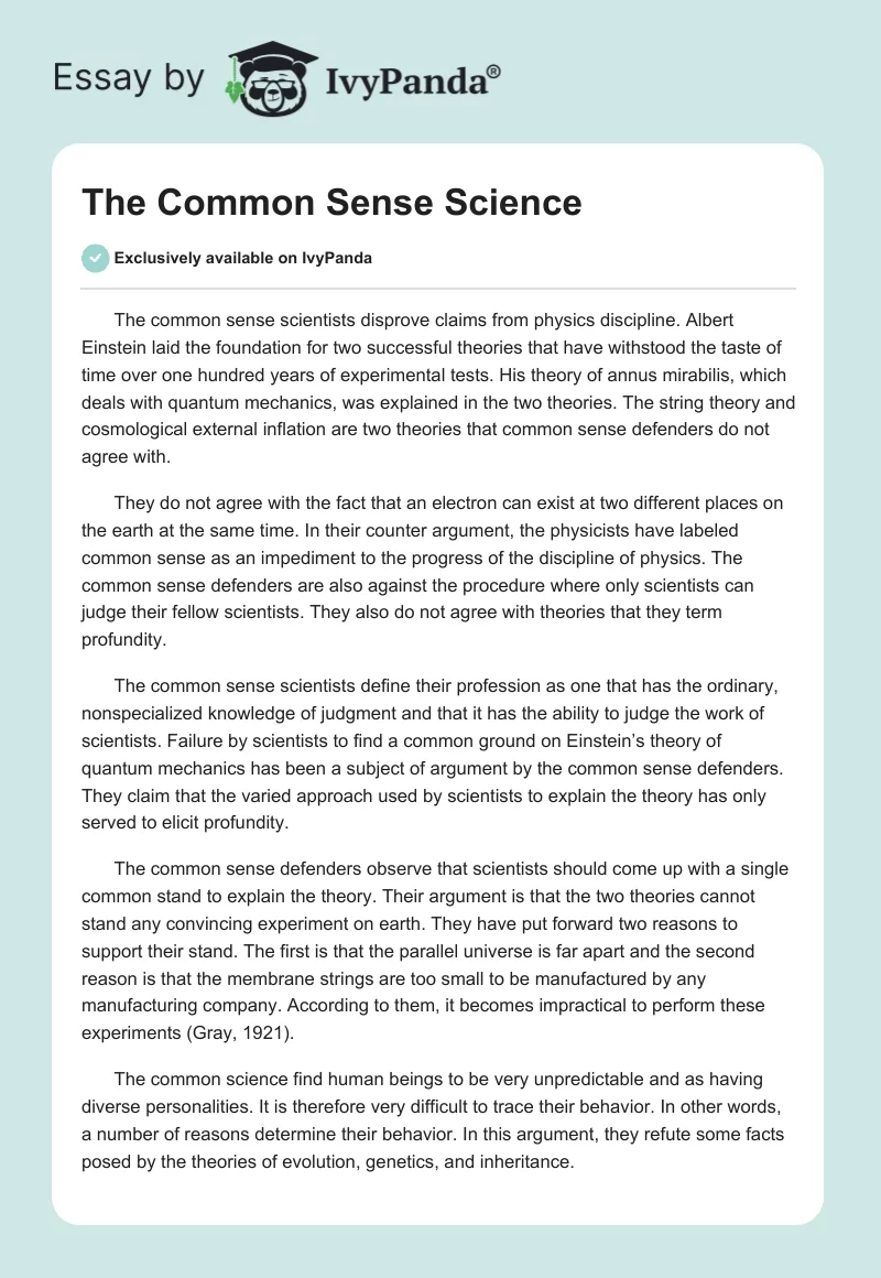 The Common Sense Science. Page 1