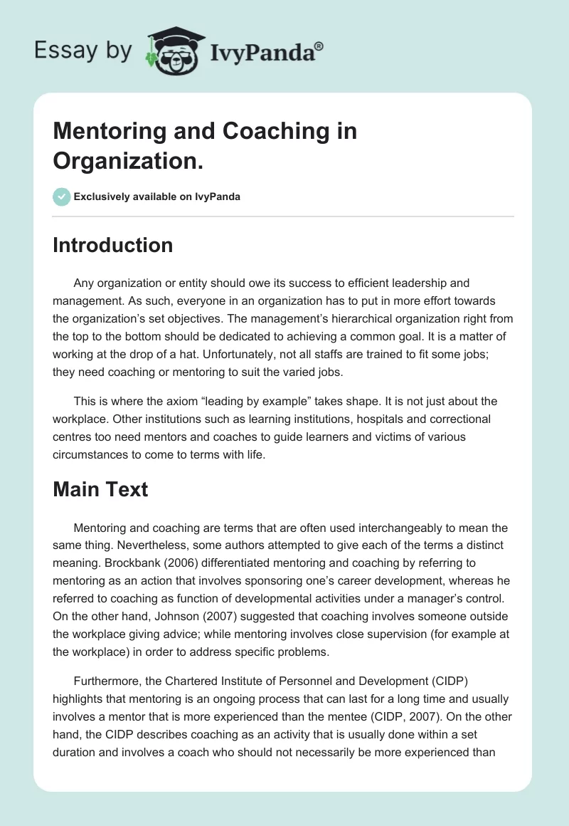 Mentoring and Coaching in Organization.. Page 1