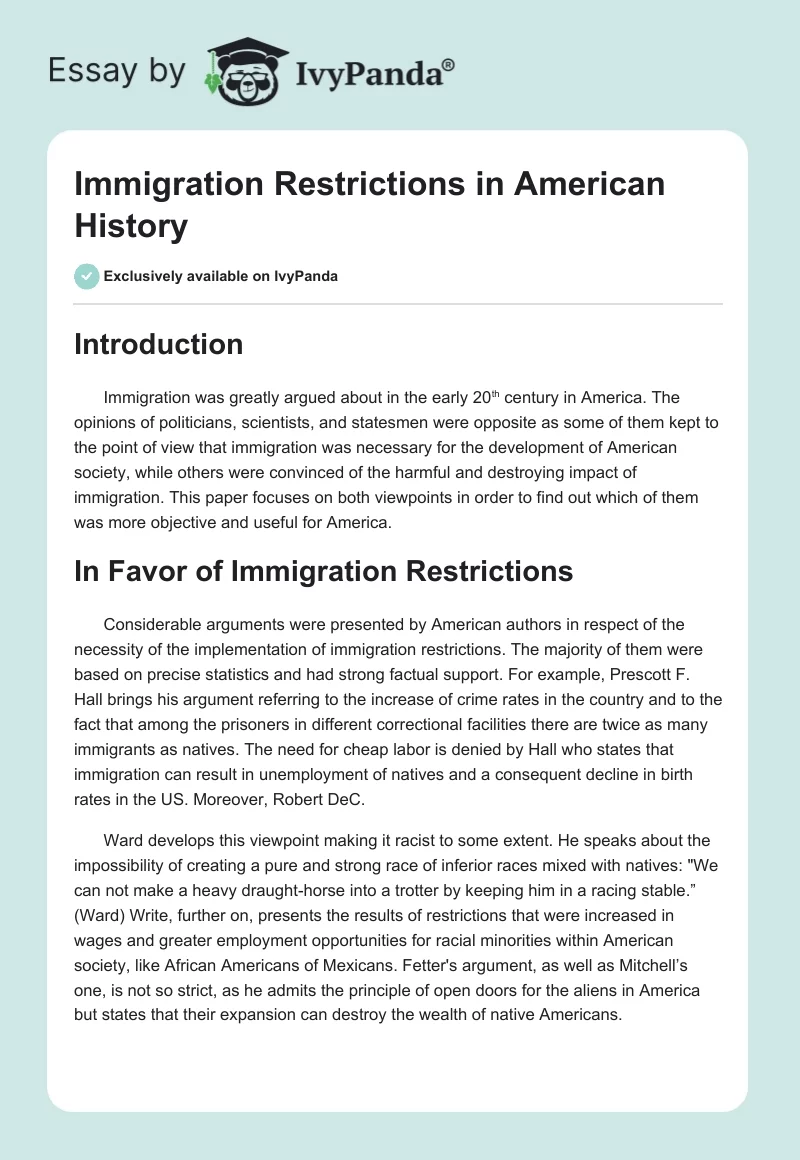 Immigration Restrictions in American History. Page 1