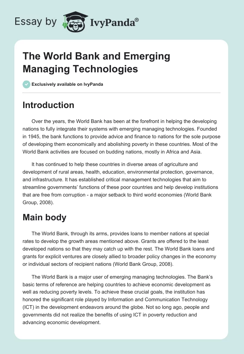 The World Bank and Emerging Managing Technologies. Page 1