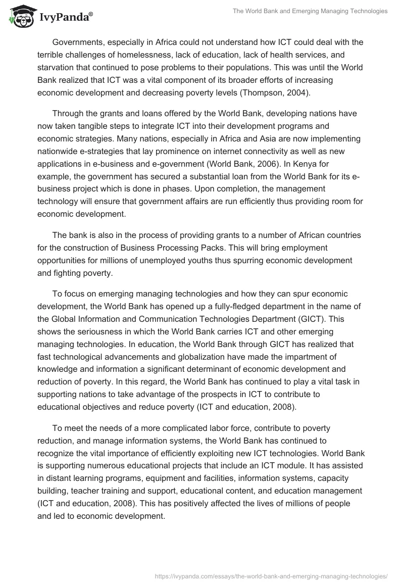 The World Bank and Emerging Managing Technologies. Page 2