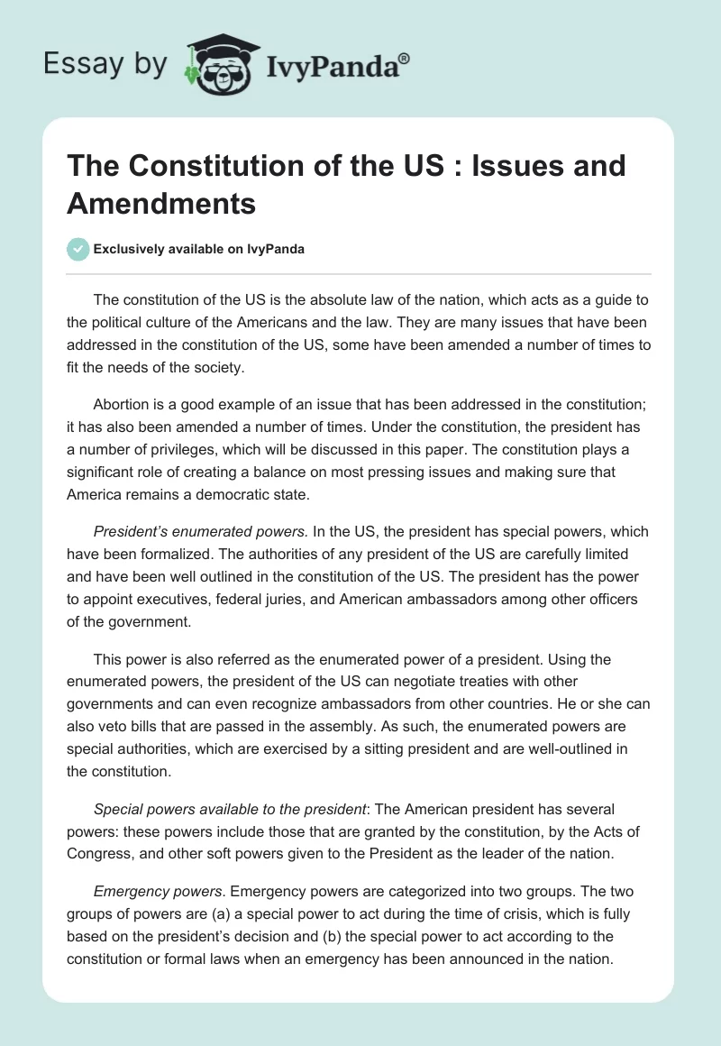 The Constitution of the US : Issues and Amendments. Page 1